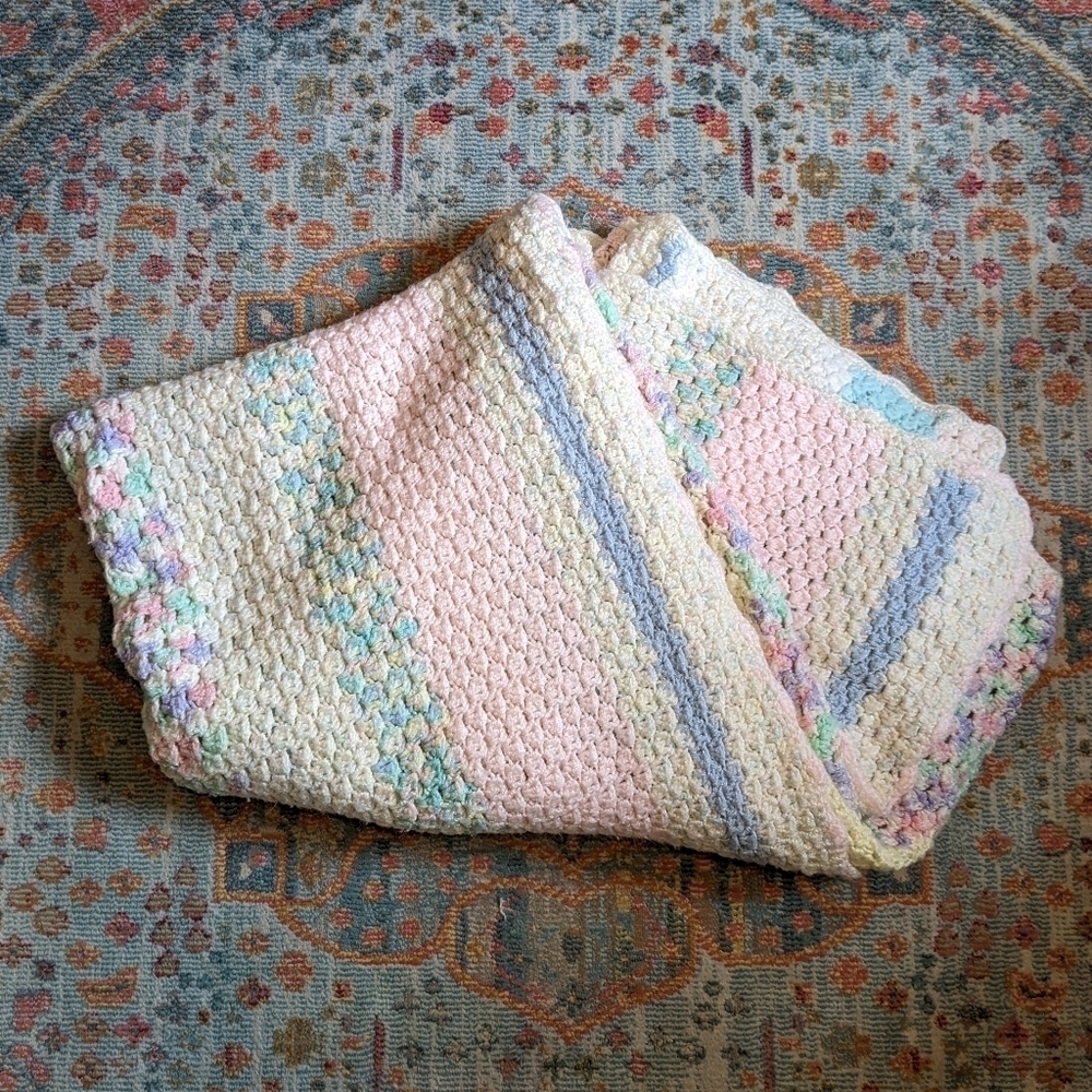 Vintage Handmade Pastel Shimmer Stripe Crochet Afghan Large Blanket Throw OS - Picture 2 of 6